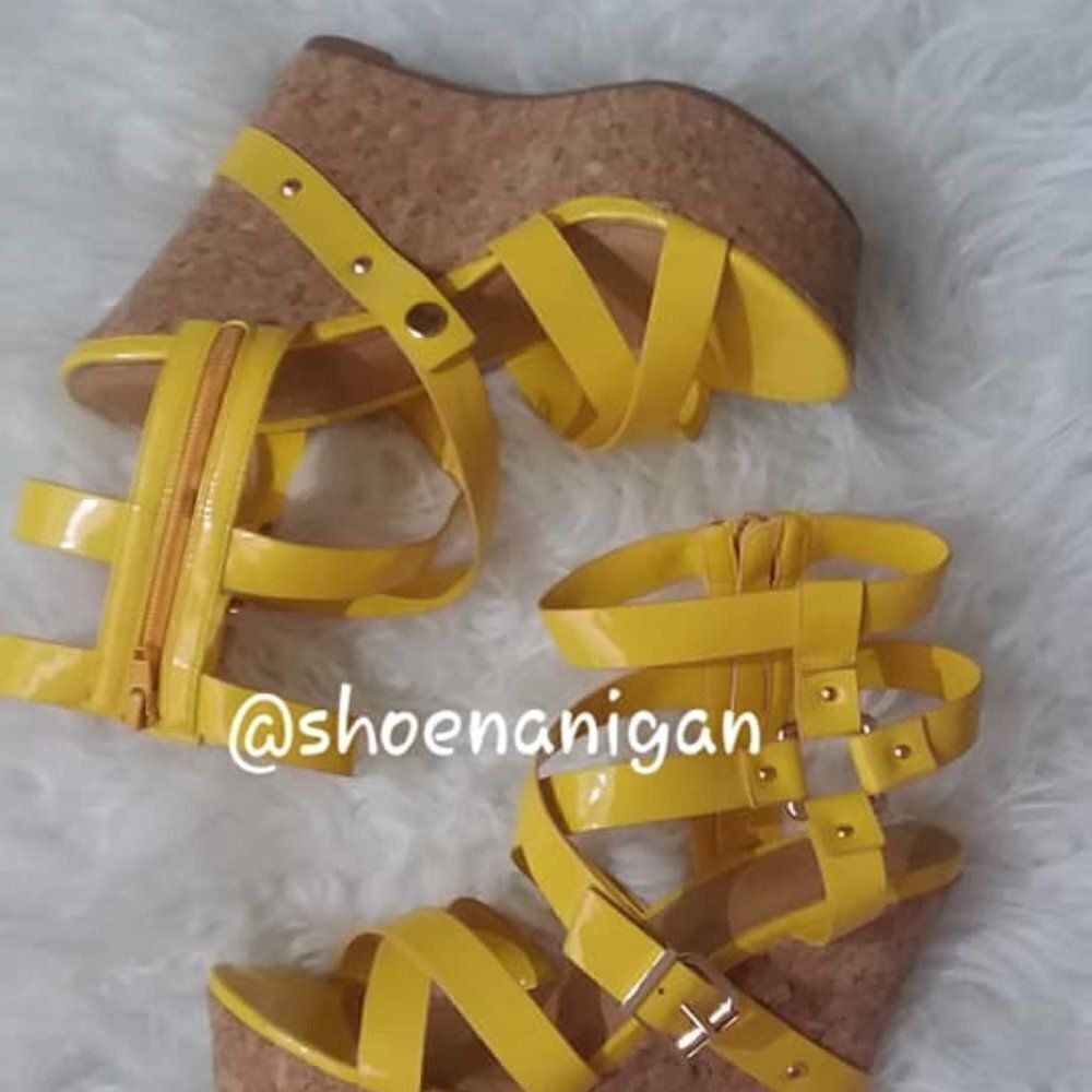YELLOW Strappy cork wedge sandal New in box